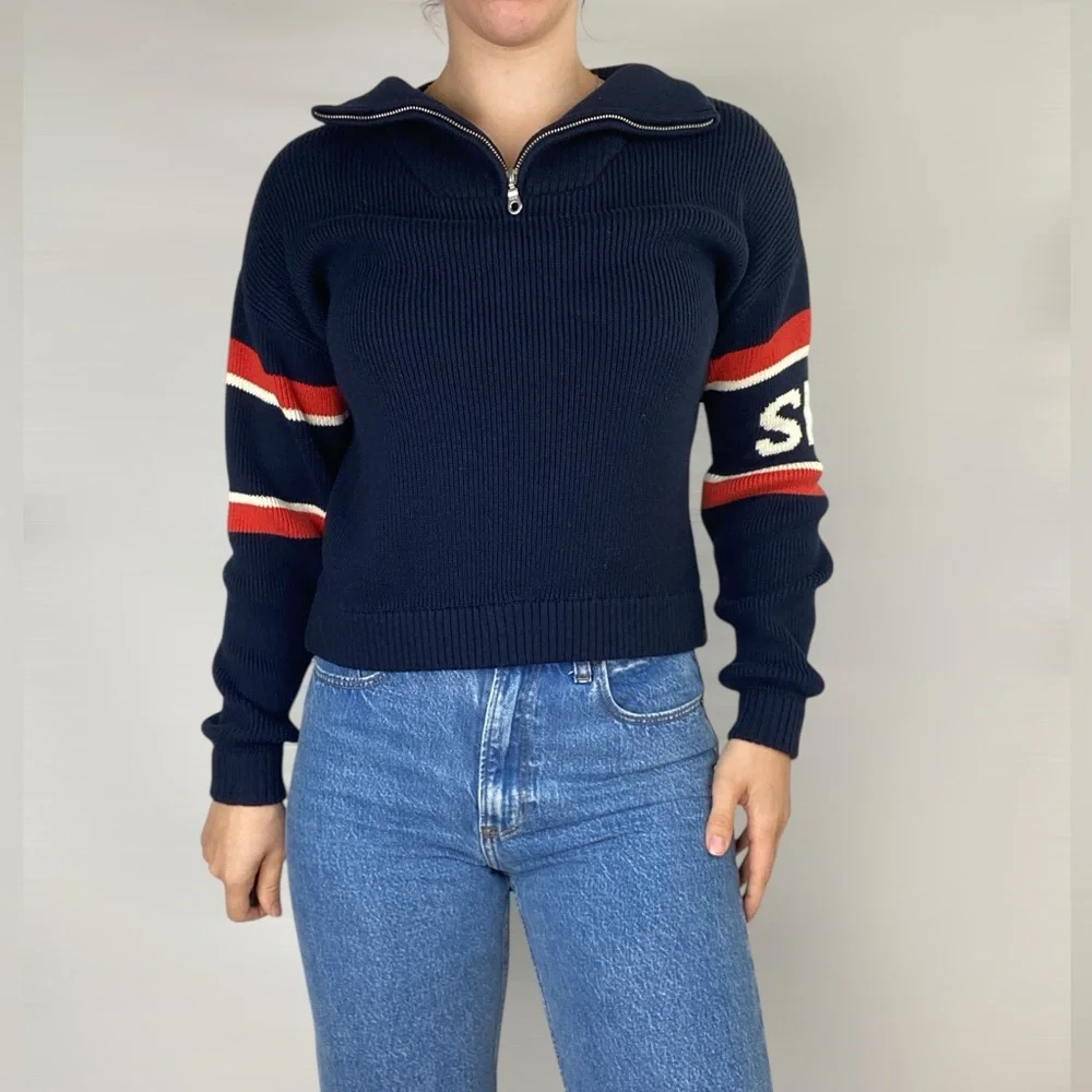 KULE‎ Navy Half-Zip Sweater with Red and White Stripes